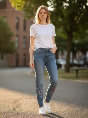 Pilcro Womens Medium Wash Floral Embroidered Slim Boyfriend Denim Jeans 28